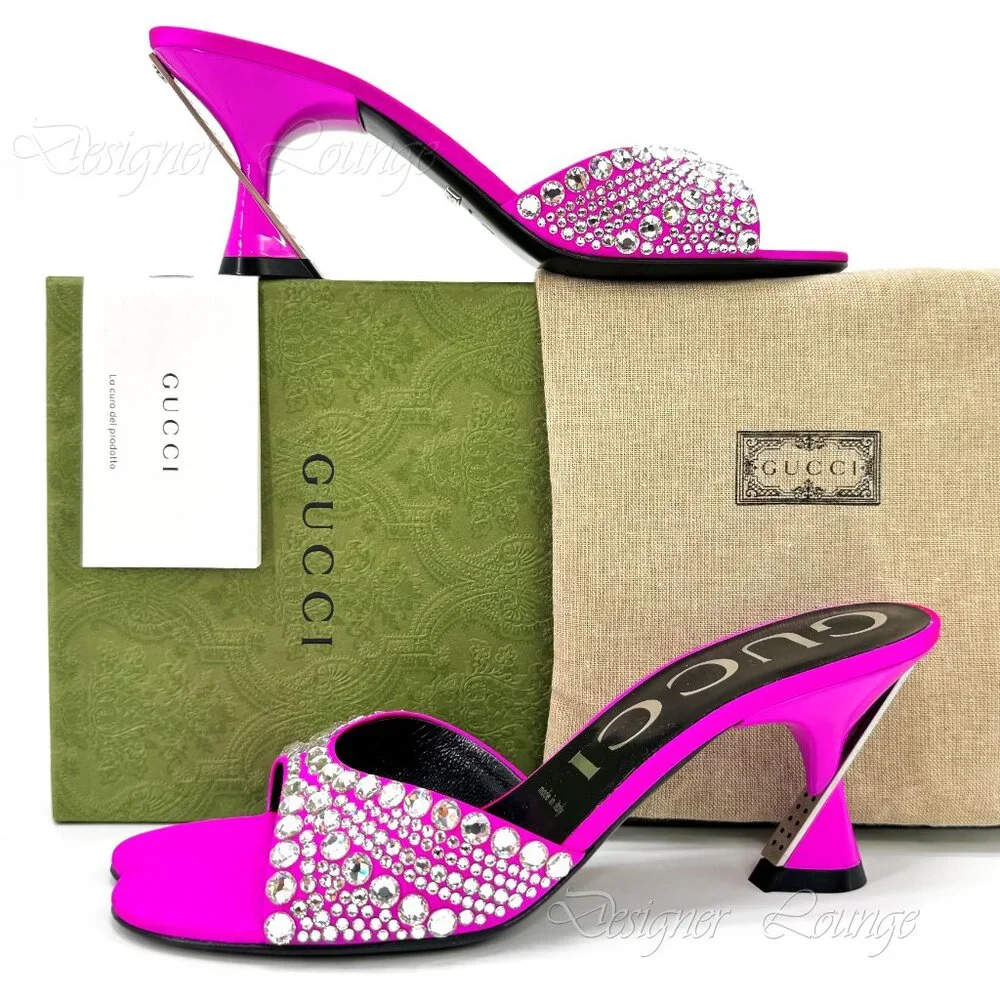 NEW GUCCI Galactica Crystal Embellished Pink Slide Sandals Heels Size EU 37 US 7